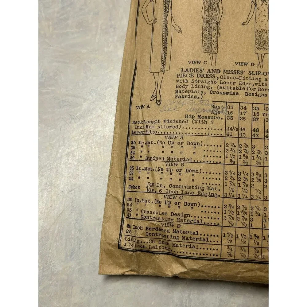 Antique 30's Butterick Pattern #6082 Misses Slip Over 1 Piece Dress Size‎ 17 Yr